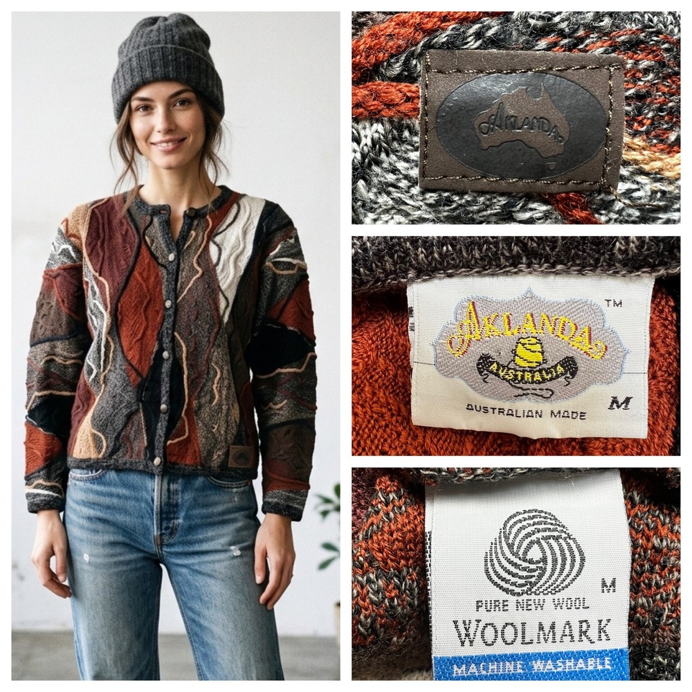 Aklanda Australia 3D‎ Knit Wool Cardigan Sweater Coogi Style Brown 90s Vtg